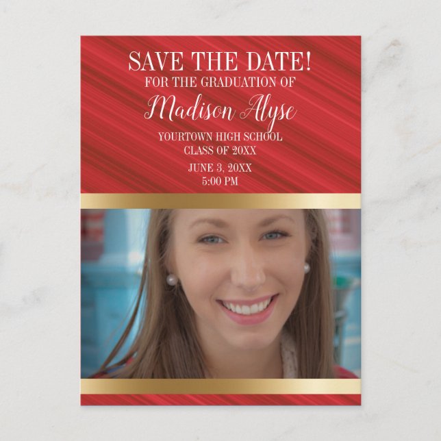 Red Gold Graduation Photo Save Date Vertical Postcard (Front)