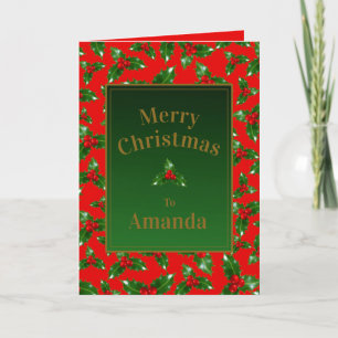 Red Gold Green Holly Berry Pattern – Personalised Card