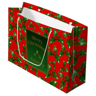 Red Gold Green Holly Berry Pattern – Personalised Large Gift Bag