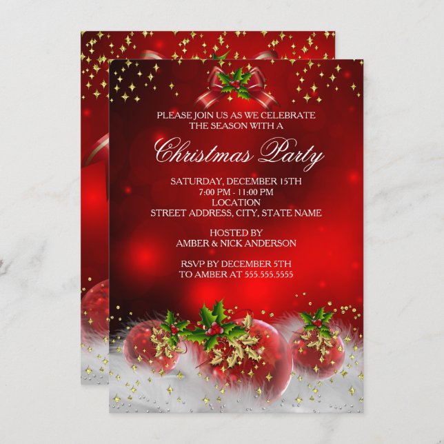 Red Gold Green Holly Christmas Holiday Party Invitation (Front/Back)