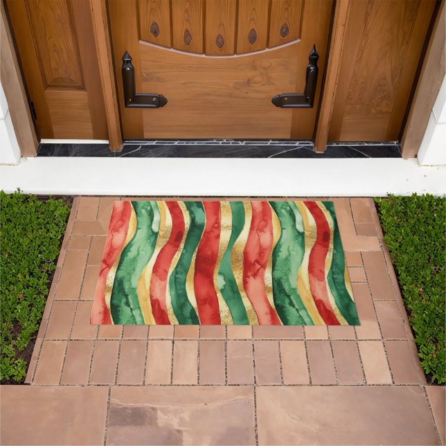 Red Gold Green Stripes Christmas Doormat (Outdoor)