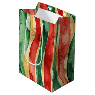 Red Gold Green Stripes Christmas Medium Gift Bag