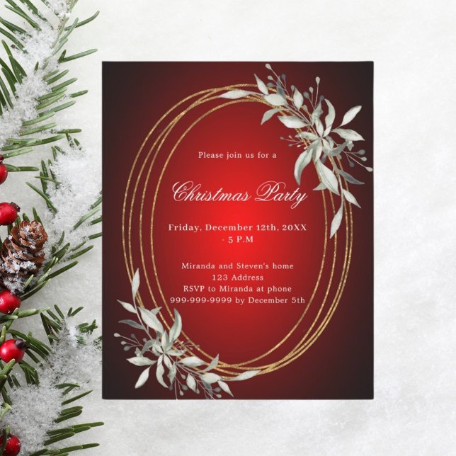 Red gold greenery Christmas Party invitation (Creator Uploaded)