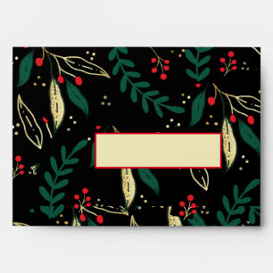 Red Gold Greenery Return Address Black Christmas Envelope
