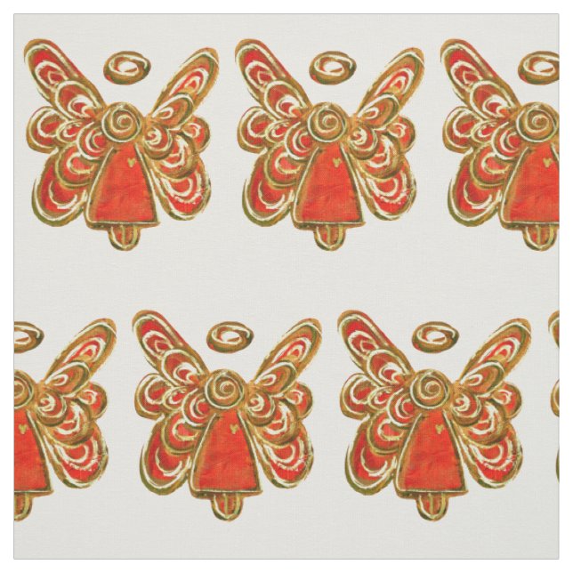 Red Gold Guardian Angel Art Fabric Material (Swatch)