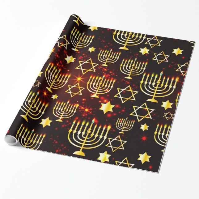 Red & Gold Hanukkah Menorah Wrapping Paper (Unrolled)