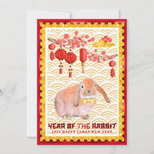 Red Gold Happy Lunar New Year of the Rabbit Photo Holiday Card