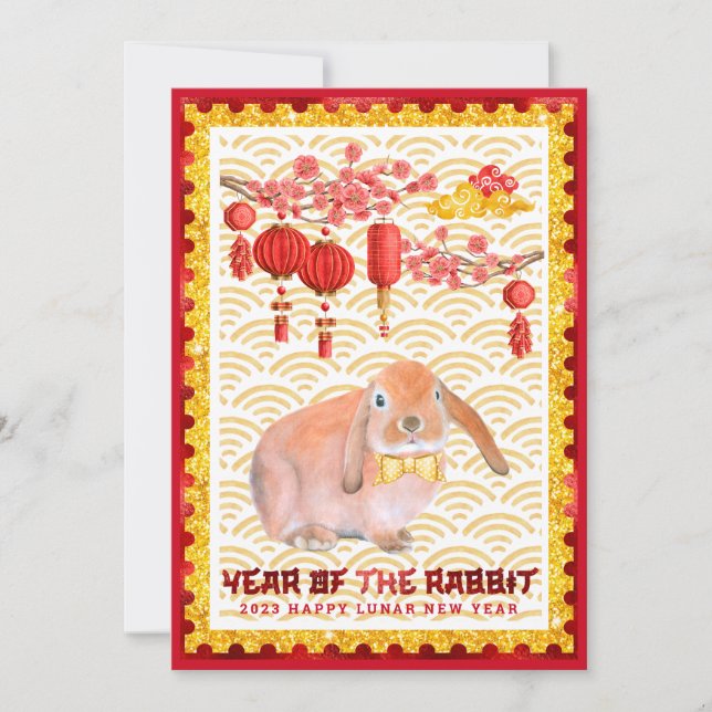 Red Gold Happy Lunar New Year of the Rabbit Photo Holiday Card (Front)