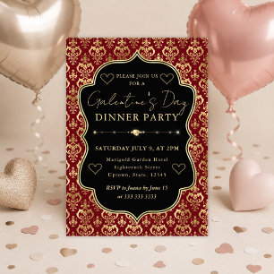 Red & Gold Heart Damask Galentine's Dinner Party Invitation