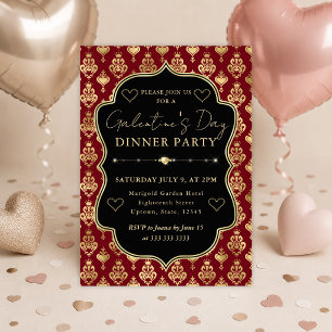Red & Gold Heart Damask Galentine's Dinner Party Invitation