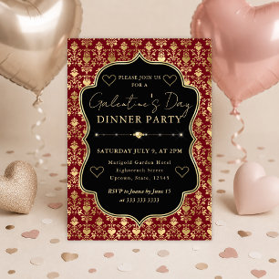 Red & Gold Heart Damask Galentine's Dinner Party Invitation