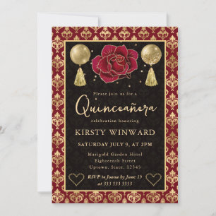 Red & Gold Heart Damask & Rose Quinceanera Invitation