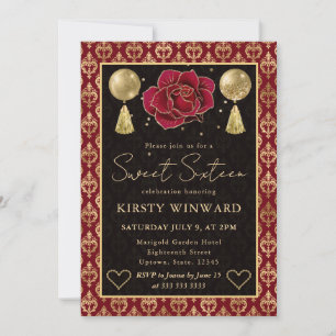 Red & Gold Heart Damask & Rose Sweet 16 Invitation