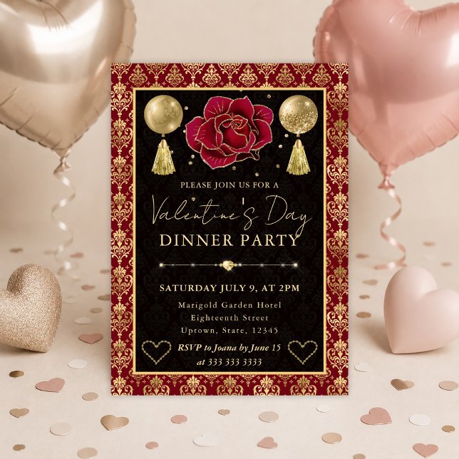 Red & Gold Heart Damask & Rose Valentine's Dinner Invitation (Creator Uploaded)