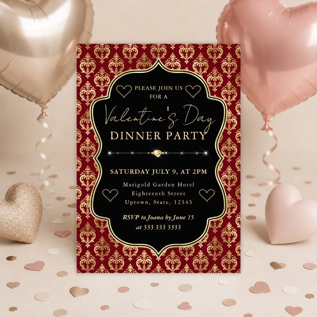 Red & Gold Heart Damask Valentine's Dinner Party Invitation (Creator Uploaded)