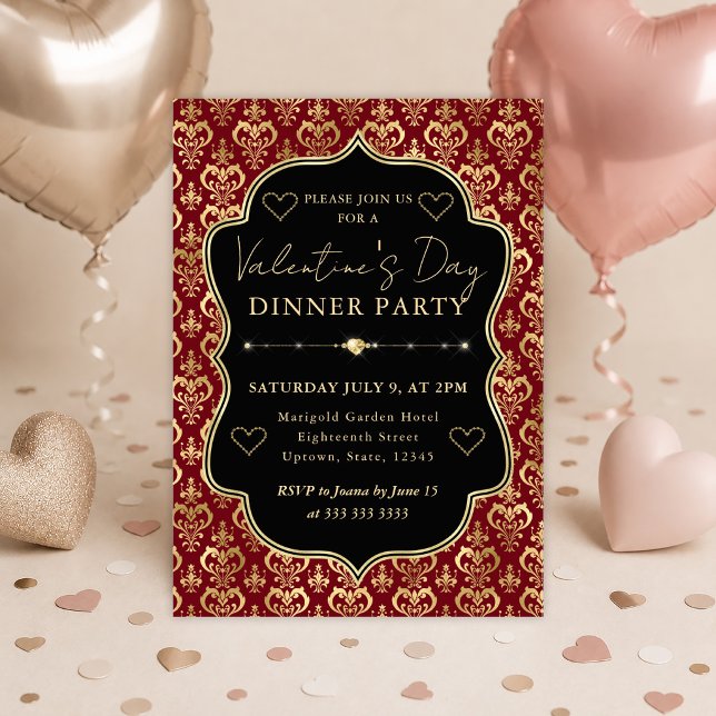 Red & Gold Heart Damask Valentine's Dinner Party Invitation (Creator Uploaded)