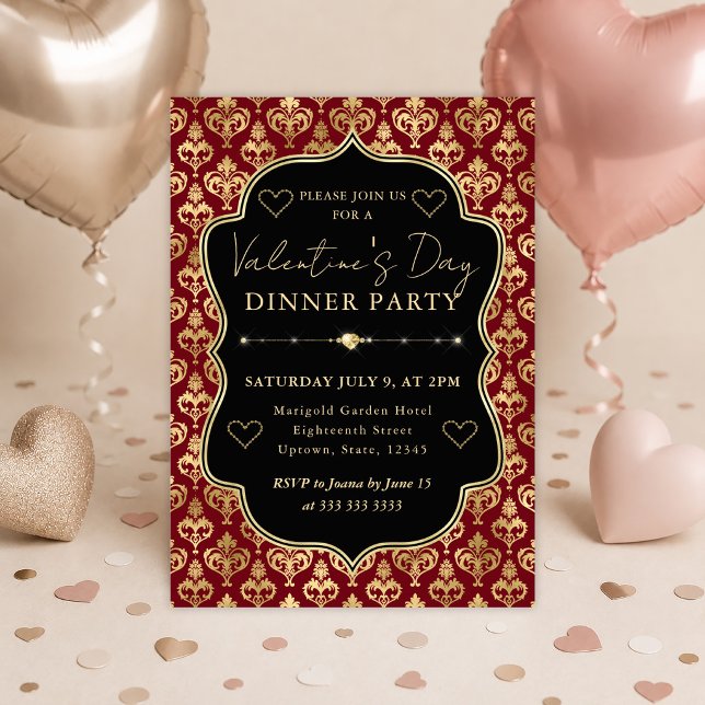 Red & Gold Heart Damask Valentine's Dinner Party Invitation (Creator Uploaded)
