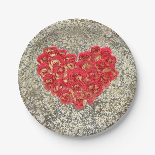 Red & Gold Heart Glam Valentine's Day Party Paper Plate (Front)