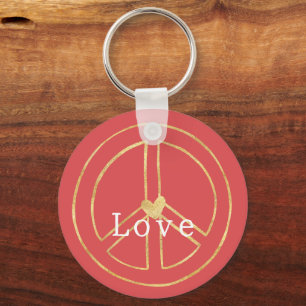 Red Gold Heart Peace Sign Love Christmas Key Ring