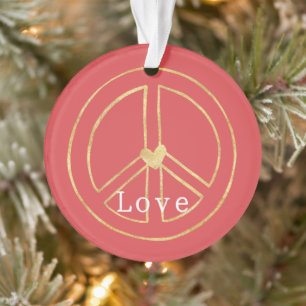 Red Gold Heart Peace Sign Love Christmas Ornament