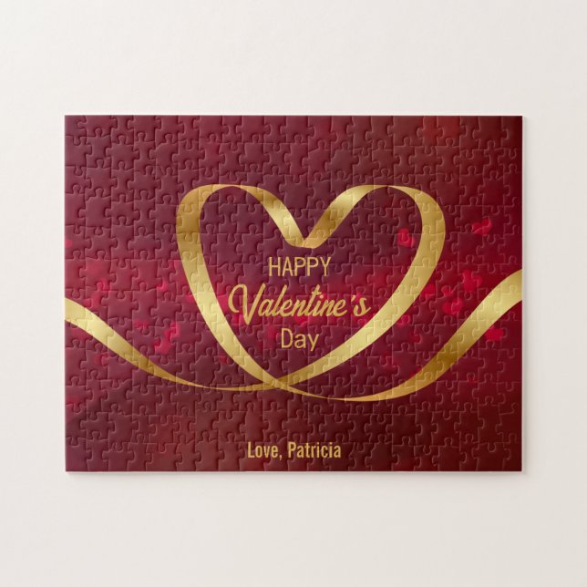 Red Gold Heart Ribbon Happy Valentine's Day Jigsaw Puzzle (Horizontal)