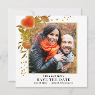 Red Gold Heart Rose Photo Save the Date