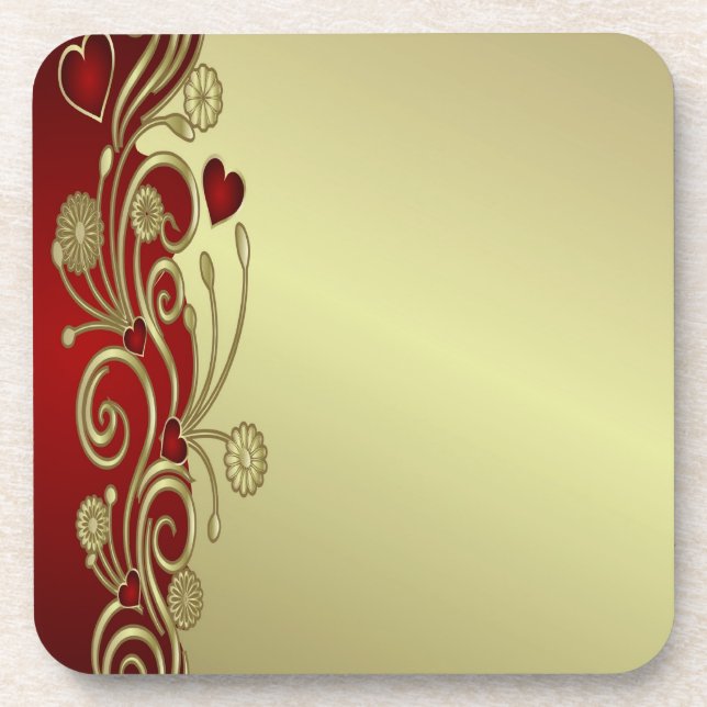 Red & Gold Hearts & Scrolls Coaster (Front)