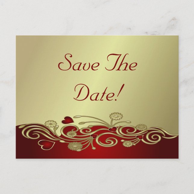 Red & Gold Hearts & Scrolls Save The Date Announcement Postcard (Front)