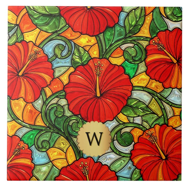 Red Gold Hibiscus Faux Stained Glass Monogram Tile (Front)