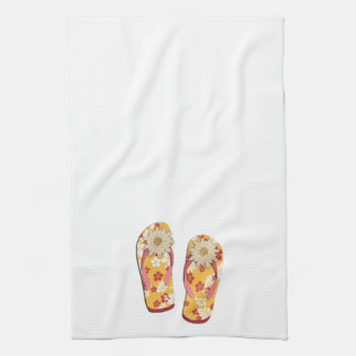 Red & Gold Hibiscus Flower Flip Flops on White Tea Towel