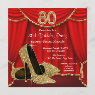 Red Gold High Heel 80th Birthday Party Invitation
