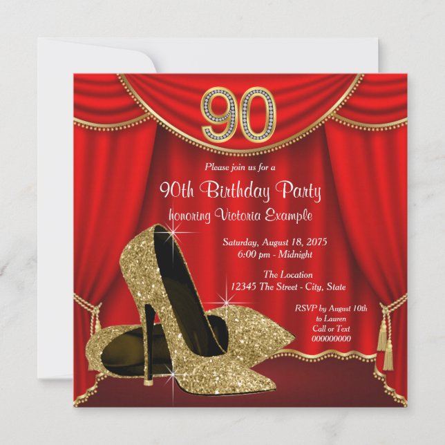 Red Gold High Heel 90th Birthday Party Invitation (Front)