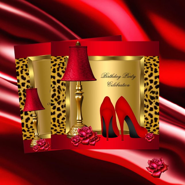 Red Gold High Heels Roses Leopard Birthday Party 2 Invitation (Creator Uploaded)