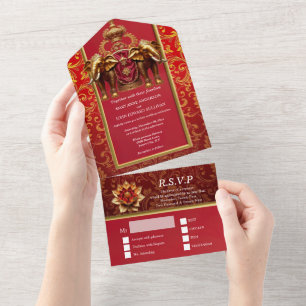Red gold Hindi Hindu indian elephant theme wedding All In One Invitation