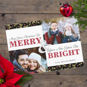 Red & Gold Holiday Greenery Pattern 2-Photo Card
