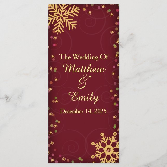 Red Gold Holiday Snowflakes Wedding Program Programme (Front)