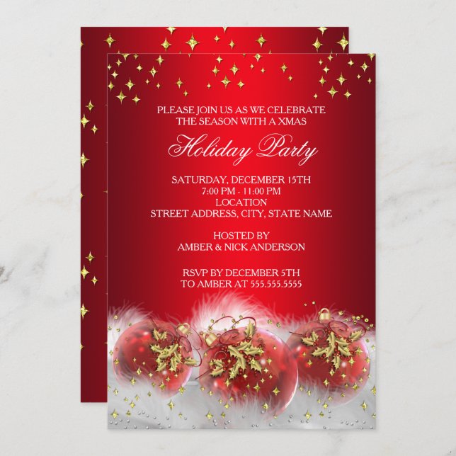 Red Gold Holly Baubles Christmas Holiday Party Invitation (Front/Back)