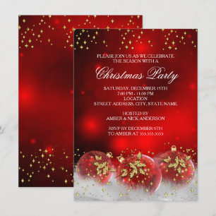 Red Gold Holly Baubles Christmas Holiday Party Invitation
