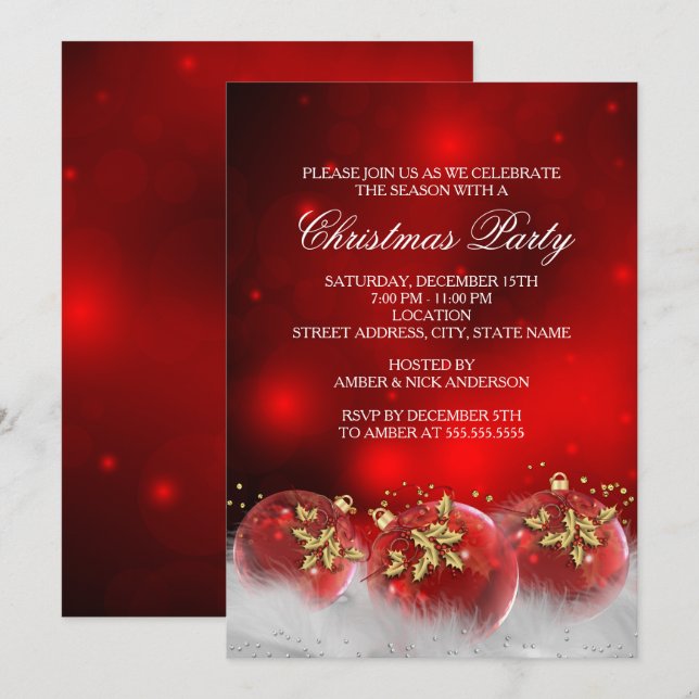 Red Gold Holly Baubles Christmas Party Invite (Front/Back)