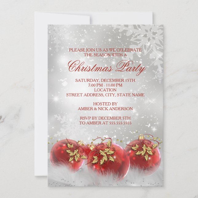 Red & Gold Holly Baubles Christmas Party Invite (Front)