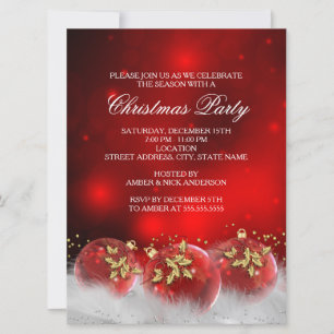 Red & Gold Holly Baubles Christmas Party Invite