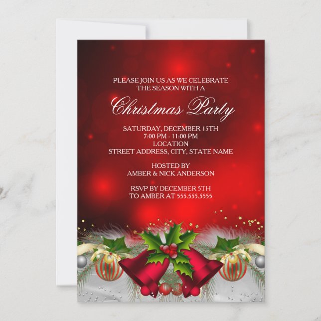 Red & Gold Holly Baubles Christmas Party Invite (Front)