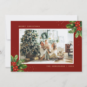 Red Gold Holly Berries Photo Christmas Cards