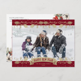 Red Gold Holly Berries Photo Happy New Year Holiday Postcard