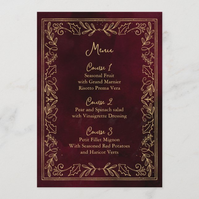 Red Gold Holly Berry Christmas Wedding Menu (Front)
