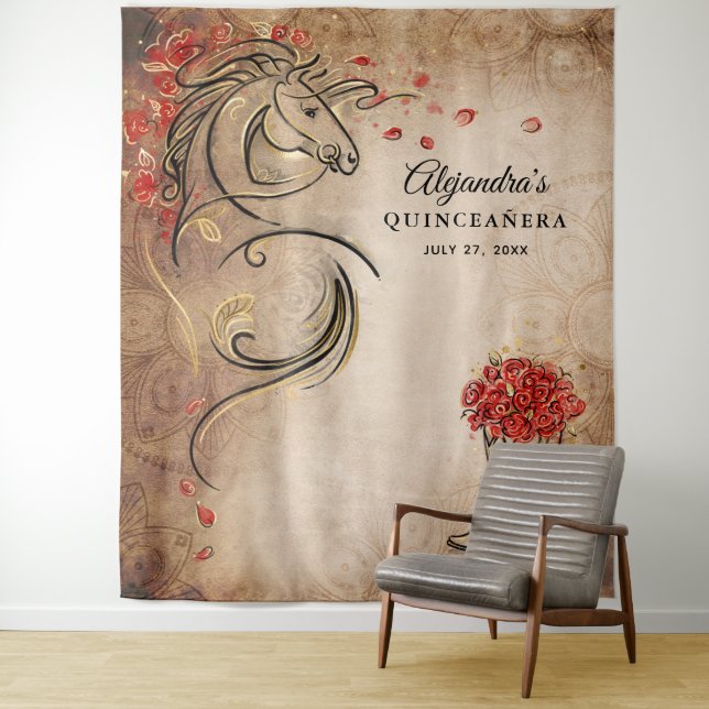 Red Gold Horse Rustic Photo Backdrop Tapestries (In Situ)