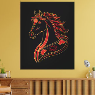 Red & Gold Horse with Lotus, Spiritual Symbolic Canvas Print