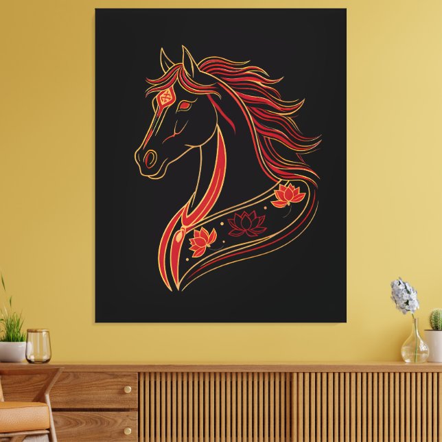 Red & Gold Horse with Lotus, Spiritual Symbolic  Canvas Print (Insitu(LivingRoom))