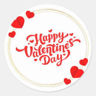 Red Gold Illustrated Modern Happy Valentine's Day  Classic Round Sticker