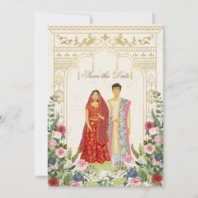 Red & Gold Indian couple Illustration Save The Date (Front)